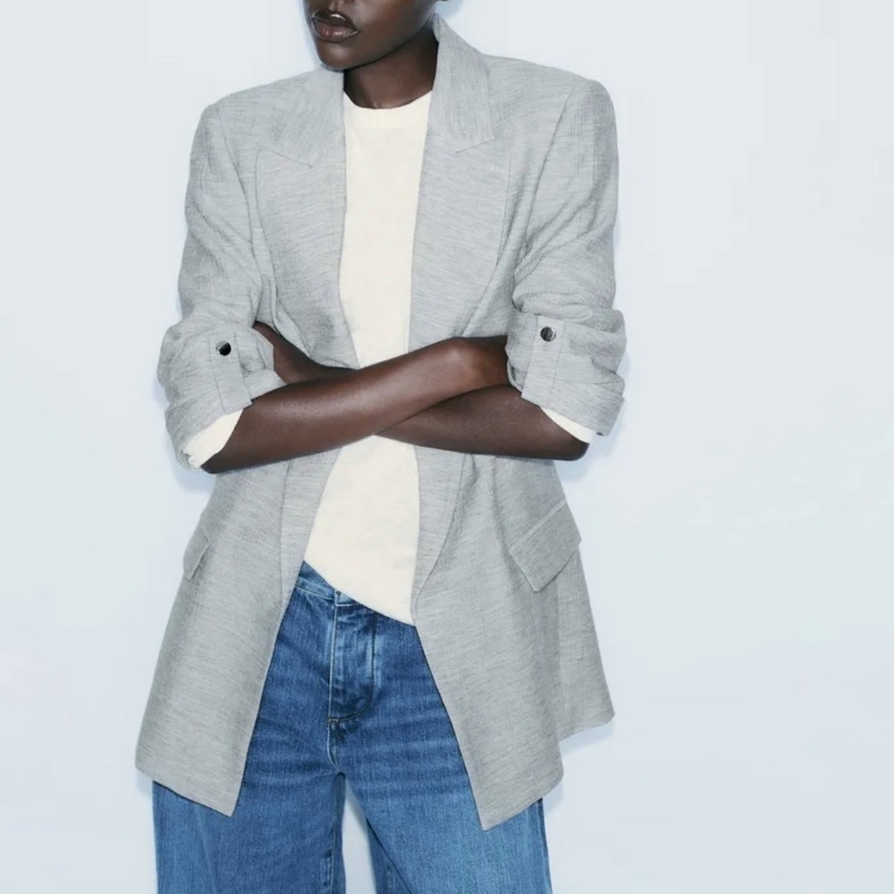 Zara Long Open Blazer Lapel Collar Padded Shoulders Grey Size M